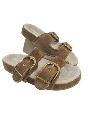 NEW Veronica Beard Prue Shearling-Lined Suede Buckle Slide Sandals 9.5M Brown